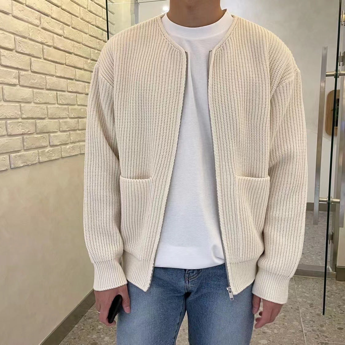 Men’s Zip-Up Knitted Cardigan – Lined Funnel Neck, Soft, Comfortable, All-Season with Pockets