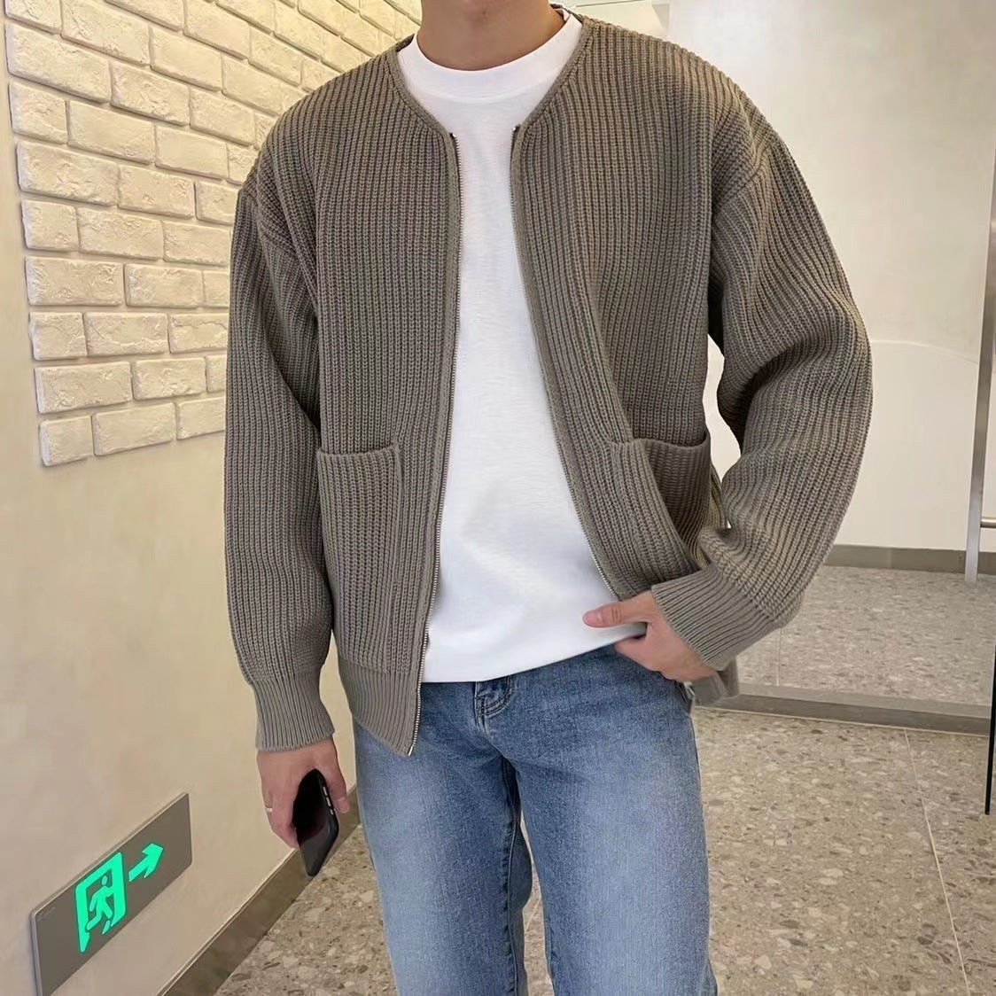 Men’s Zip-Up Knitted Cardigan – Lined Funnel Neck, Soft, Comfortable, All-Season with Pockets
