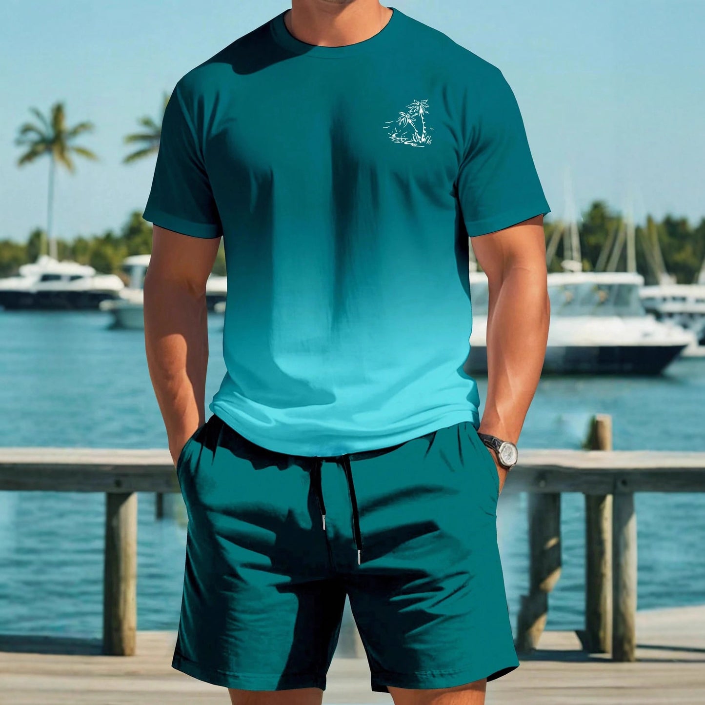 Mens Casual Outdoor Sports Printed Short-Sleeve Top And Shorts Two-Piece Set