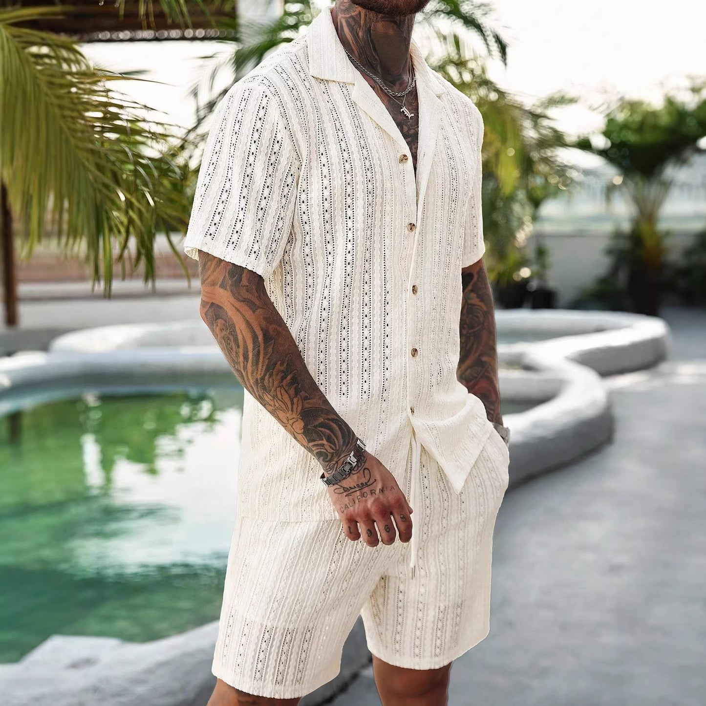 Mens Hollow-Out Breathable Short-Sleeve Shirt And Shorts Set