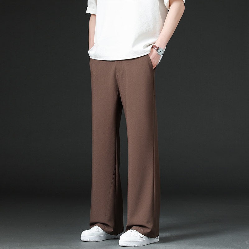 Mens Solid-Color Casual Straight-Leg Loose Wide-Leg Pants