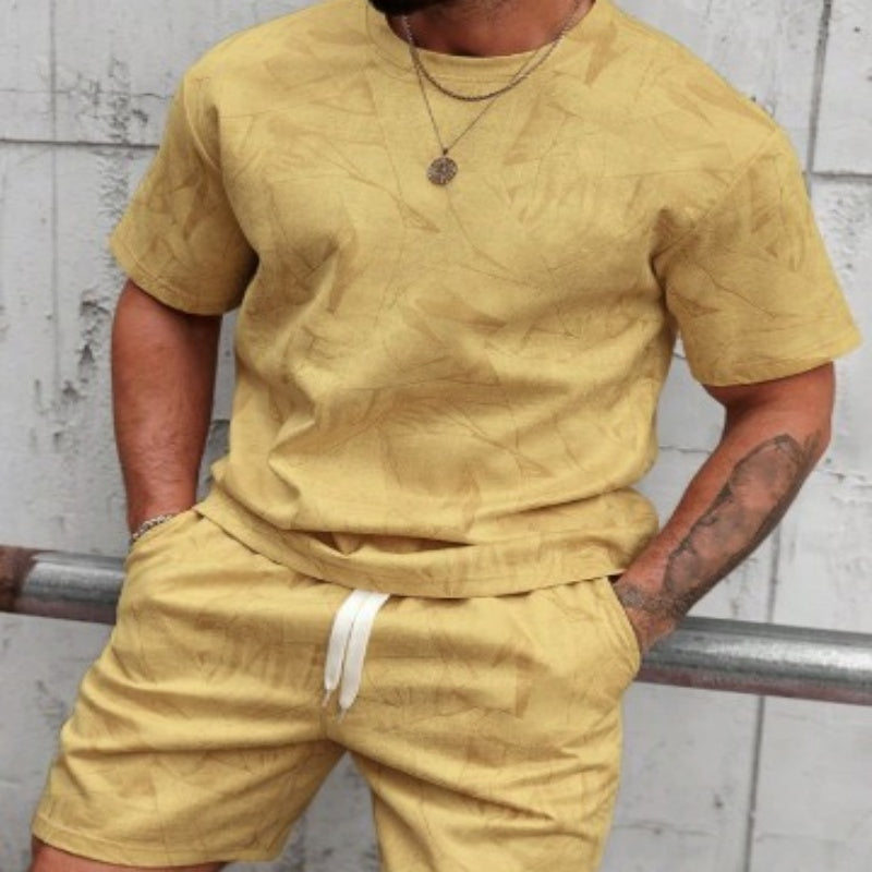 Mens Casual Outdoor Sports Printed Short-Sleeve Top And Shorts Two-Piece Set