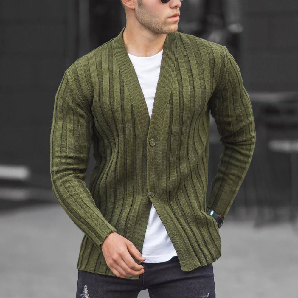 European And American Men's Solid Color Cardigan Pit Strip Casual Slim Sweater Knit Sweater