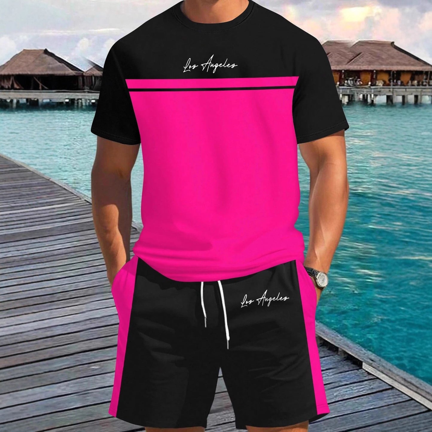 Mens Casual Outdoor Sports Printed Short-Sleeve Top And Shorts Two-Piece Set