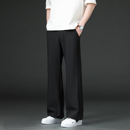 Mens Solid-Color Casual Straight-Leg Loose Wide-Leg Pants