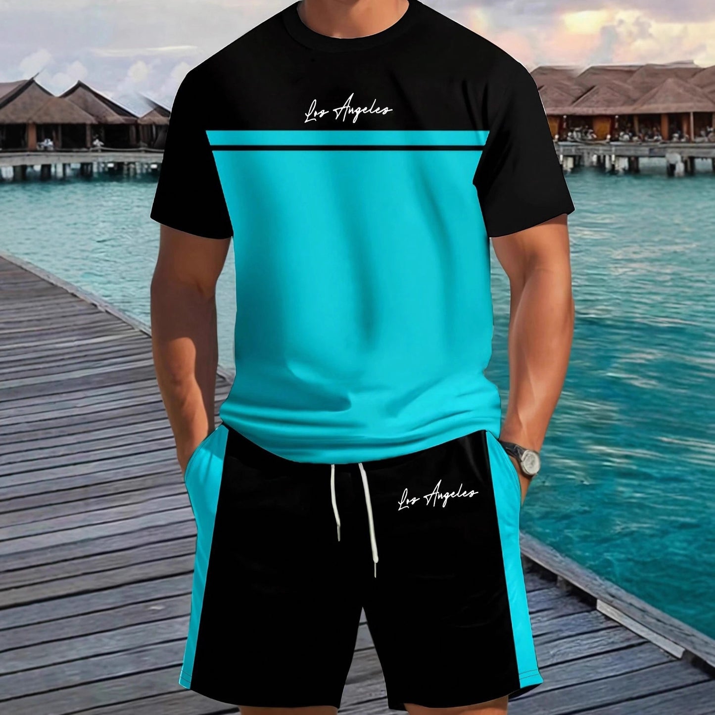 Mens Casual Outdoor Sports Printed Short-Sleeve Top And Shorts Two-Piece Set